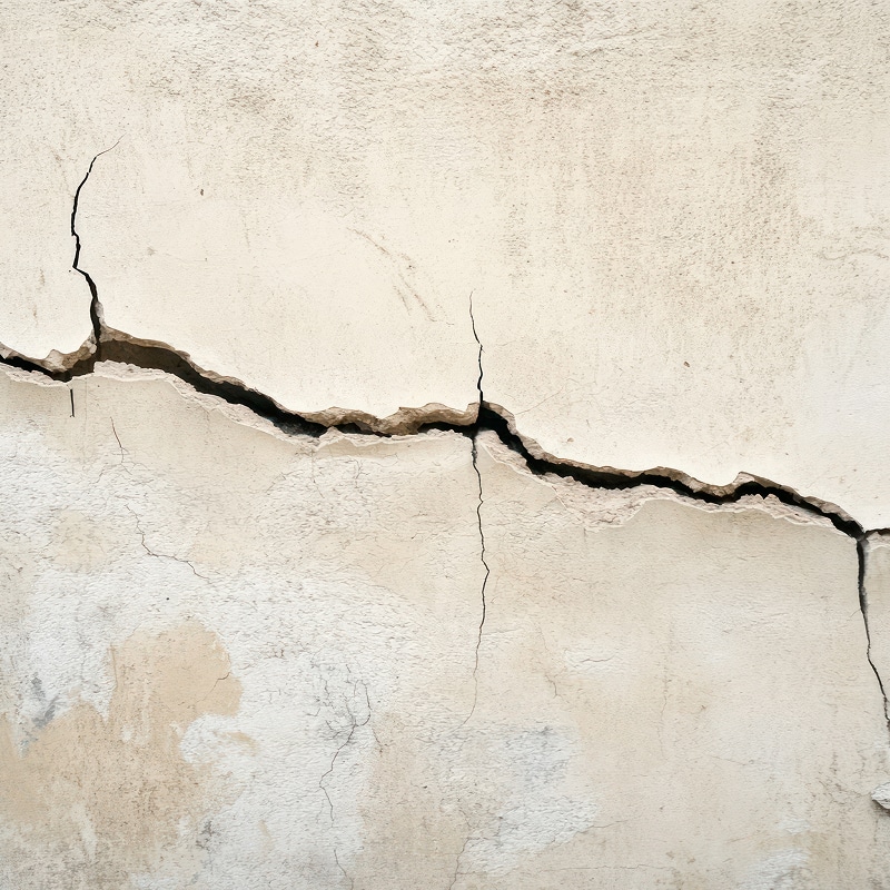 Large fissure profonde et irrégulière dans un mur beige clair. La crevasse principale est horizontale avec des branches verticales. Détérioration du plâtre.