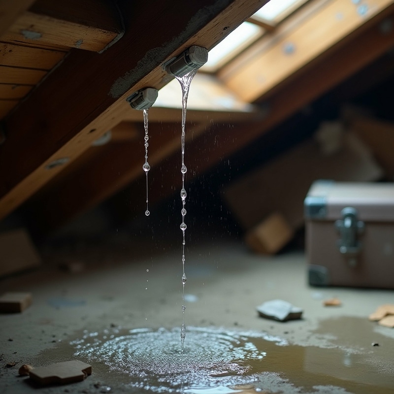 Eau dégoulinant d'une fuite de toit dans un grenier sombre, formant des flaques au sol. Des gouttes tombent d'une poutre en bois près d'un puits de lumière.
