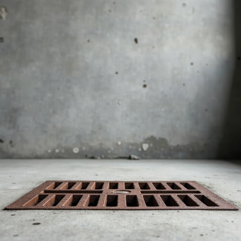 Grille de drainage rouillée en fonte posée sur un sol en béton devant un mur gris brut texturé. Ambiance industrielle.