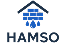 Logo HAMSO: un toit protège un mur de briques bleu avec gouttes d'eau. Symbolise l'étanchéité contre les infiltrations et l'humidité.