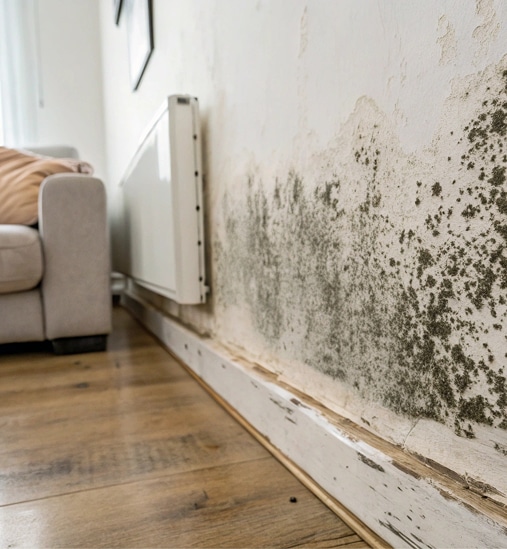 Moisissure noire étendue sur un mur blanc, peinture écaillée et plinthe dégradée. Sol en bois, signe d'humidité.